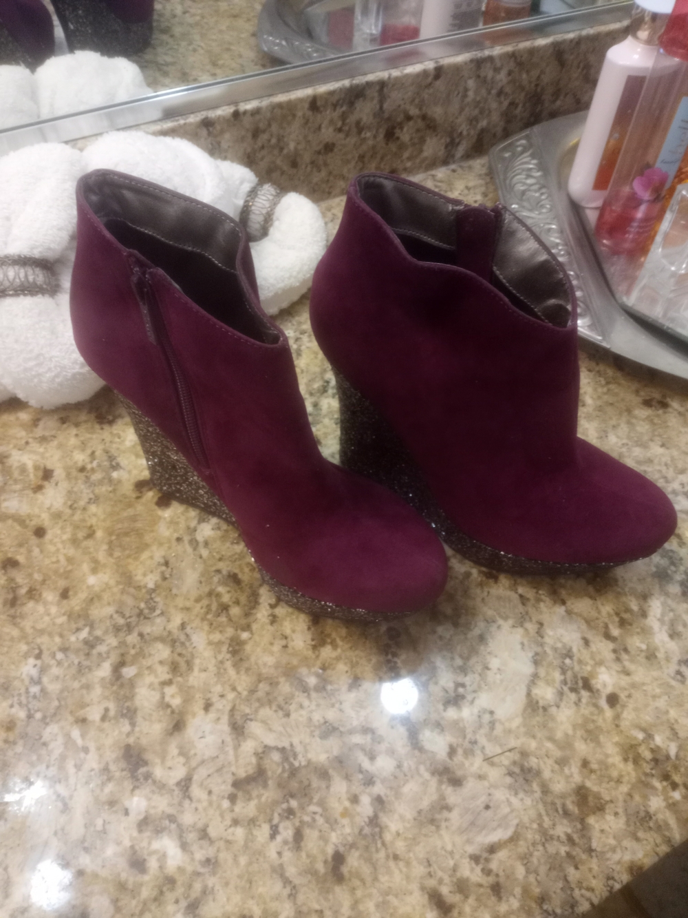 Michael Antonio Plum Suede Wedge Booties with Glitter Heel